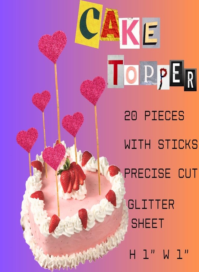 GLOBEADO Glitter Heart Cake Toppers 20 Pieces, Wooden Sticks, Party Decoration (20, Glitter Pastel Pink) - Image 3
